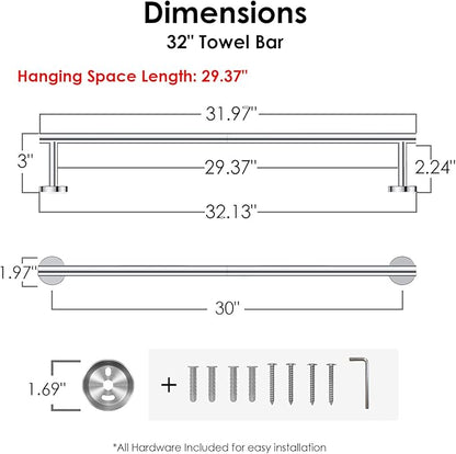 FORIOUS Towel Bar Wall Mounted, Stainless Steel Towel Racks for Bathroom, Includes Wall Mounting Hardware (Chrome, 32 Inch)