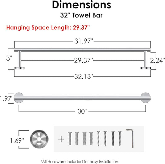 FORIOUS Towel Bar Wall Mounted, Stainless Steel Towel Racks for Bathroom, Includes Wall Mounting Hardware (Chrome, 32 Inch)
