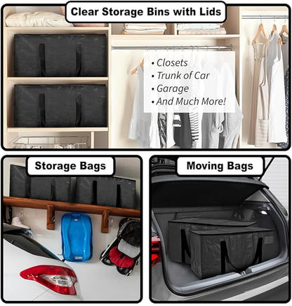 ClearSpace Heavy Duty Moving Bags or Storage Bags – Black Storage Bins with Lids, Large Moving Boxes with Backpack Straps & Zippers,– Packing Box & Moving Supplies for College Dorm, 6 Pack