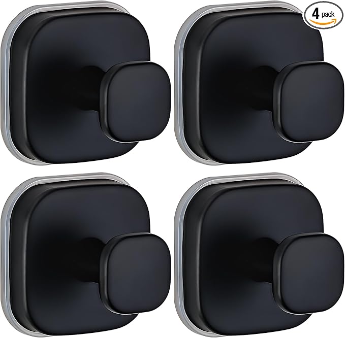 Fenas Suction Cup Hooks for Shower - Resuable Bathroom Hooks for Towels, Robes & Loofah - No-Drill Mounting on Kitchen,Walls,Metal,Glass,Mirrors,Tile & Smooth Non-Porous Surfaces (4, Matte Black)