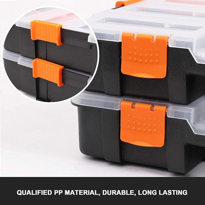 Makitoyo Tool Box Organizers, Interlocking Black Small Parts Organizer for Fasteners, Parts and Crafts w/Removable Dividers, 2 Pieces Pack, Black & Orange,15”L×11.6”W×2.6”H