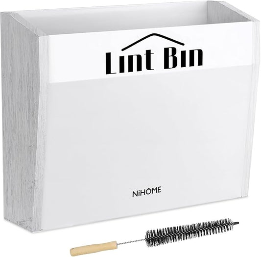 NiHome Magnetic Lint Bin for Laundry Room Storage Organization & Decor with Lint Brush, Wall Mounted Dryer Lint Box Holder Made of Metal & Pine, Lint Trash Can Lint Basket for Dryer, White