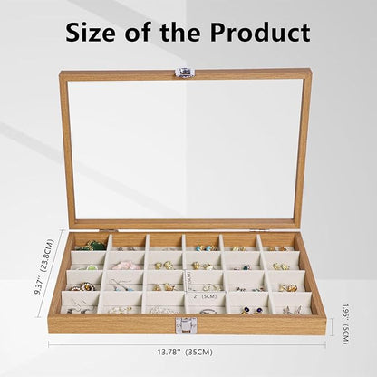 Stratalife Jewelry Organizer Wooden Jewelry Box Jewelry Display Case Jewelry Tray with Glass Lid Earring Holder Organizer Bracelet Ring Organizer 24 Grid Jewelry Tray Vintage Gift for Women
