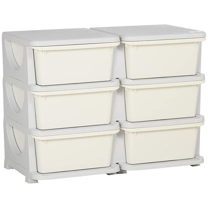 Qaba 3 Tier Kids Storage Unit, Toy Organizers and Storage with 6 Drawer Chest for Kids Bedroom Nursery Kindergarten Living Room for Boys Girls Toddlers, Cream White