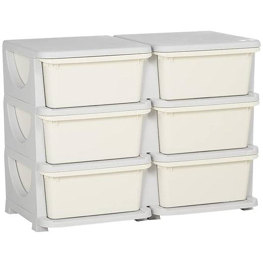 Qaba 3 Tier Kids Storage Unit, Toy Organizers and Storage with 6 Drawer Chest for Kids Bedroom Nursery Kindergarten Living Room for Boys Girls Toddlers, Cream White