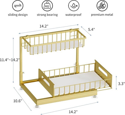 Under Sink Organizer Storage 2-Tier Premium Metal Pull-Out Racks, Height Adjustable, Heavy Dut and Easy Installation for Kitchen & Bathroom Organizers 1 Pack Gold