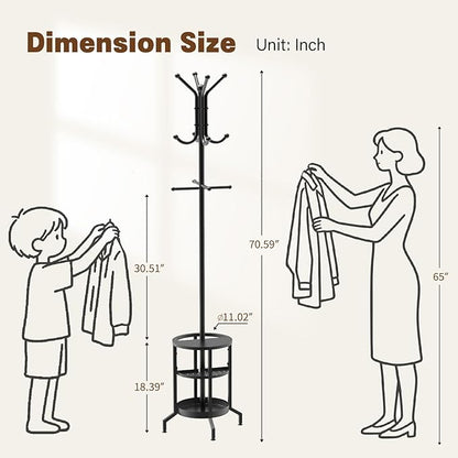 Coat Rack with Umbrella Holder, Coat Rack Freestanding, Metal Coat Tree with 12 Hooks, Modern Coat Hanger Stand for Entryway Living Room Bedroom Office