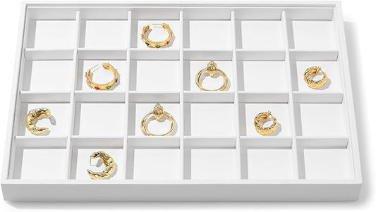 24 Girds White Leather Jewelry Tray Earring Organizer Tray Jewelry Drawer Organizer for Ring Earrings Holder Storage Display