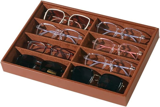 XHMQYC Glasses Holder Box Drawer Sunglass Organizer for Men Clear Wide Storage Case 8 Slots Multiple Reading Glasses Display, Brown Leather