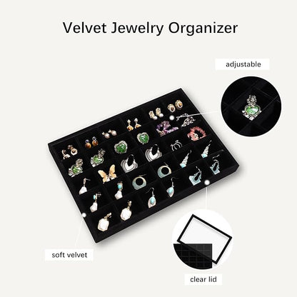 Wudygirl Jewelry Organizer Stackable Jewelry Tray Velvet Earring Holder Organizer 30 Grid Earring Storage with Lid Ring Holder Drawer Inserts Divider Storage for Women (Black)