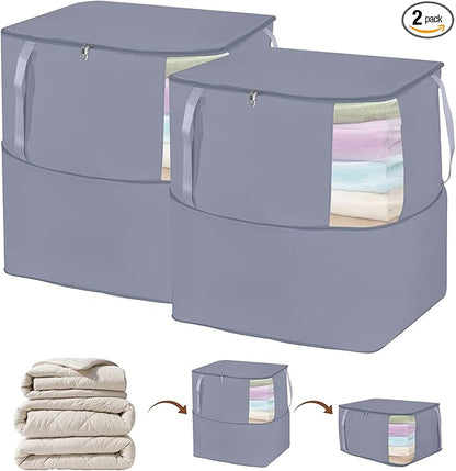 Comforter Storage Bag, Large Capacity Blanket Storage Bags with Visual Window, Ultra Space Saving Self Compression Organizer, Washable Compression Bag for Duvet, Down Jacket, Pillow, 2-Pack, 136L Gray
