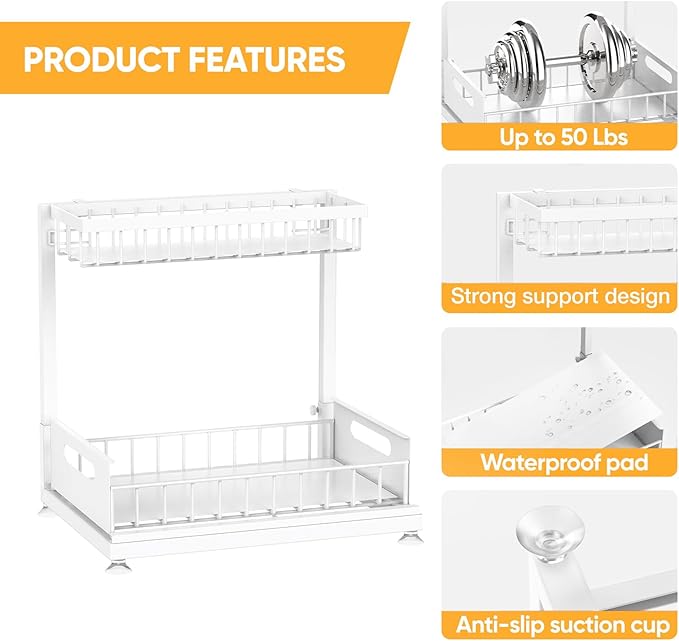 Under Sink Organizer Storage 2-Tier Premium Metal Pull-Out Racks, Height Adjustable, Heavy Dut and Easy Installation for Kitchen & Bathroom Organizers 2 Pack