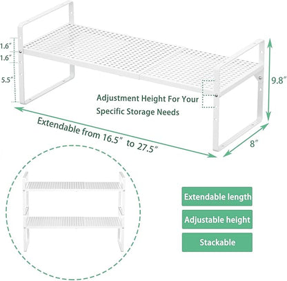 Redrubbit Expandable Cabinet Storage Shelf, Adjustable Height Steel Metal Kitchen Counter Organizers Shelves Spice Rack for Kitchen Pantry Bathroom Cupboard Desk Home Office, White-1 Pack