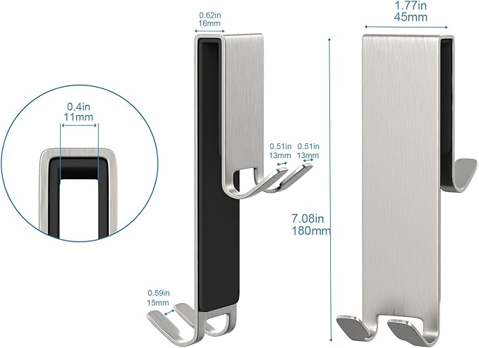 Shower Door Hook, Extended Length Double-Sided Hook for Frameless Shower Doors (7 Inch), Heavy-Duty Stainless Steel Hook for Bathrobes and Towels, No Drilling or Adhesive Required, 2-Pack, Silver