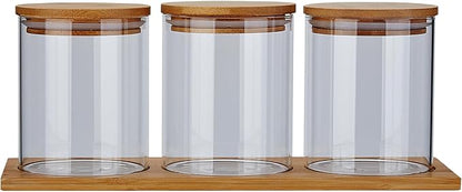 SANQIAHOME Glass Coffee Sugar Containers with Shelf, 3 x 27 OZ Coffee Bean Storage Station Organizer,Airtight Seal,Food Storage Jar for Kitchen