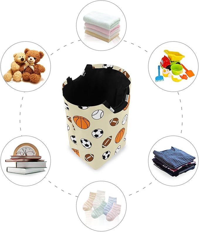 Laundry Hamper Basket Basketball Sports Balls Beige Storage Basket Collapsible Laundry Bag with Handle Decorative Organizer Bins Basket for Laundry Room College Dorms Clothes