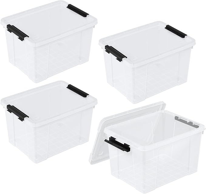 Buyitt 40 Quart Plastic Storage Bin, Stackable and Nestable Storage Boxes with Lids and Secure Latching Buckles, Storage Container for Home or Office Organization (Clear, 40Quart-4Pack)