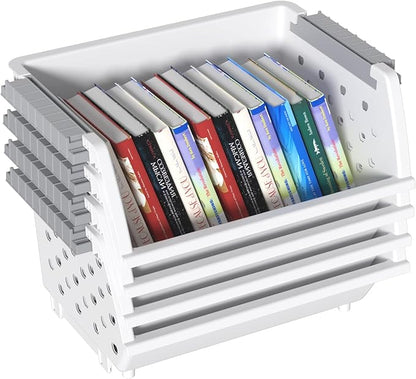 4 Pack Plastic Stacking Basket Organizer, Large Kitchen Open Front Stacking Storage Bins, White