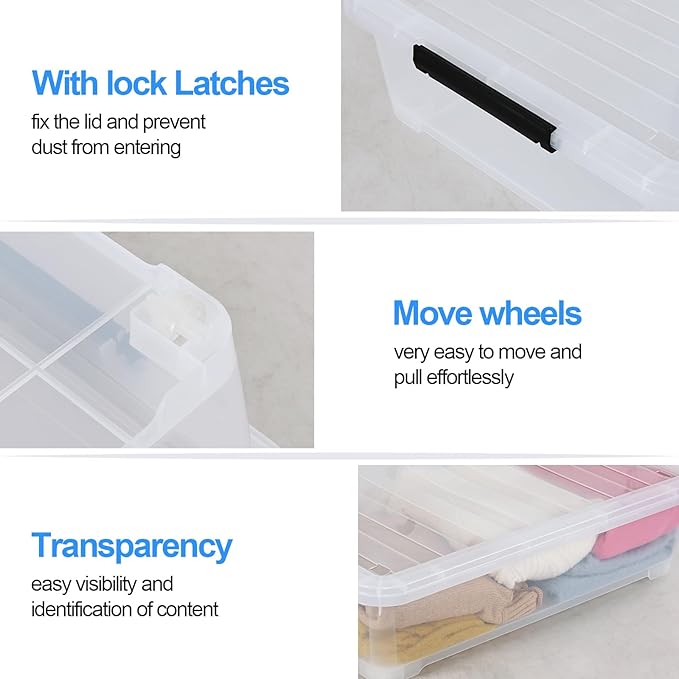 Feicanhao 42 L 4 Packs Plastic Under Bed Storage Container with Lids, Clear Underbed Storage Bin with Wheels