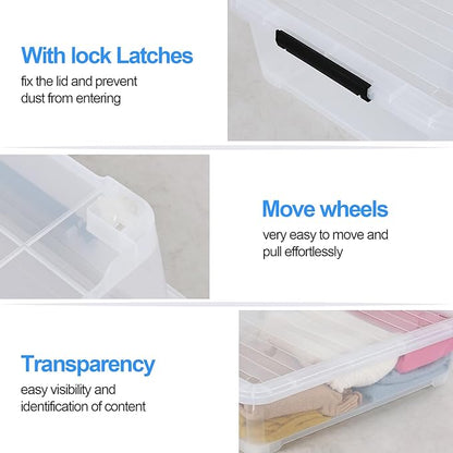 Feicanhao 42 L 4 Packs Plastic Under Bed Storage Container with Lids, Clear Underbed Storage Bin with Wheels