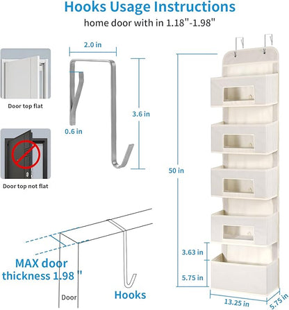 MAX Houser 5-Shelf Over The Door Hanging Organizer with 2 Metal Hooks，5 Pocket Over The Door Wall Mount Storage with Clear Windows for Baby Nursery Bathroom Closet,Bedroom,Dorm(Beige-2 Pack)