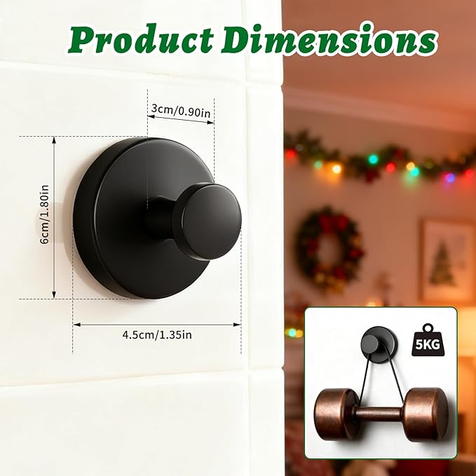 MIRAIWATIMO Strong Suction Cup Hooks -2026 New Upgraded No Drill Heavy Duty Hooks for Shower, Bathroom,Glass Door,Tile,Mirror & Front Door - Wreath Hanger,Towel,Robe,Loofah Holder - Black 2 Pack