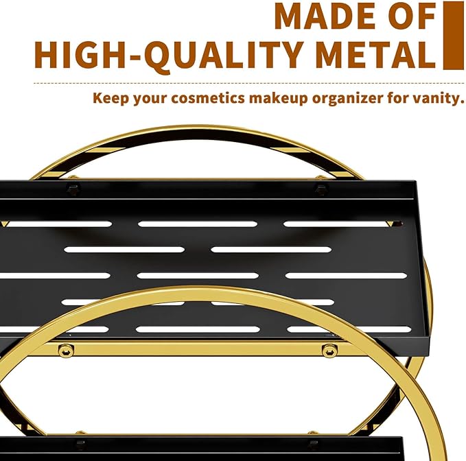 YIWANFW Makeup Organizer for Vanity, Black Gold Perfume Organizer for Dresser, 2-Tier Bathroom Countertop Organizers, Bathroom Counter Shelf Skincare Holder Perfume Tray Cosmetic Display