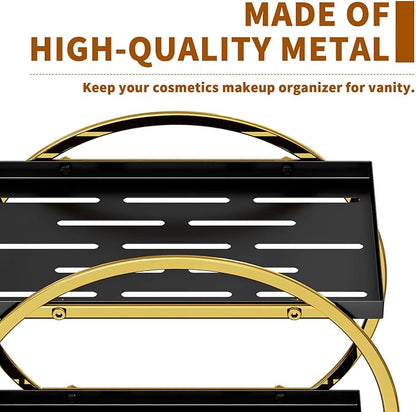 YIWANFW Makeup Organizer for Vanity, Black Gold Perfume Organizer for Dresser, 2-Tier Bathroom Countertop Organizers, Bathroom Counter Shelf Skincare Holder Perfume Tray Cosmetic Display