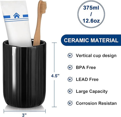 UHEY HOME Bathroom Tumbler Cup Ceramic 12.6oz Reusable Toothbrush Cup 375ml, Toothbrush Holder for Your Bathroom (Black)