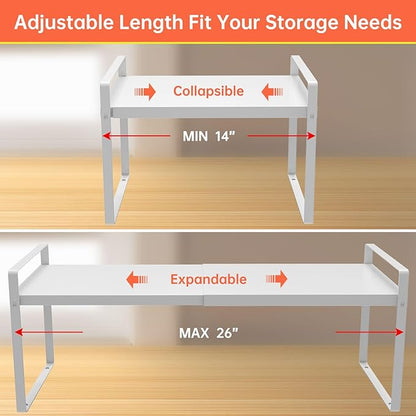 Cabinet Shelves Organizer for Kitchen 11", Expandable Shelf with Adjustable Length, Metal Countertop Organizer, Fits Pantry, Over the Sink, Spices, Microwave & Dishes Storage, White (2 Pack)