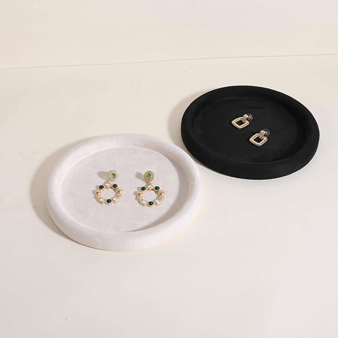 GemeShou Round Jewelry Organizer Plate, Top Microfiber Velvet Jewelry Display Tray, Empty Jewelry Showcase Tray for Necklaces, Bracelets, Rings, Earrings (Cream-Medium, 7.9 x 7.9 in)