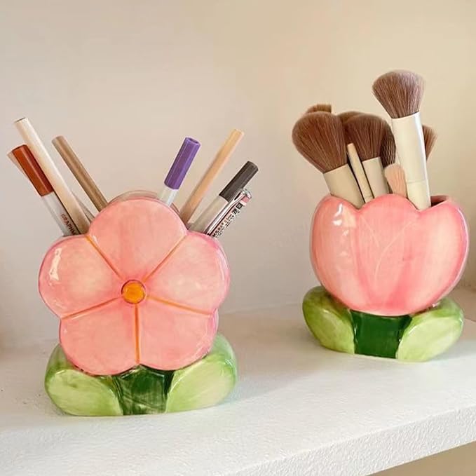 Cute Toothbrush Holder Pen Holder for Desk Pink Vase Decor Aesthetic Pencil Holder for Office Makeup Brush Holder Kawaii Desk Accessories Tulips Home Decor Birthday Gifts for Women