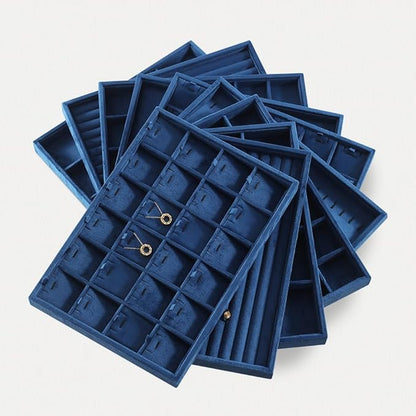Velvet Stackable Jewelry Display Tray, 12 Grid Watch Bangle Bracelet Storage Tray, Makeup Drawer Insert Jewelry Shop Organizer Plate (Blue)