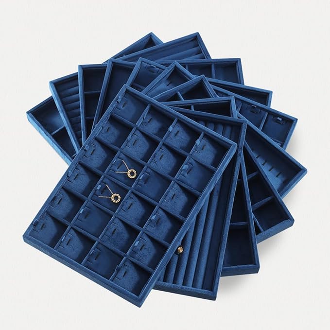 Dansmiy Velvet Stackable Jewelry Display Tray, 24 Grid Earring Ring Storage Tray, Drawer Divider Jewelry Accessories Organizer Plate (Blue)