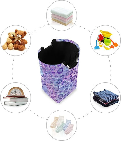Laundry Hamper Basket Glitter Leopard Purple Storage Basket Collapsible Clothes Hamper with Handle Decorative Blanket Basket for Laundry Room Decor Bedroom Dorm