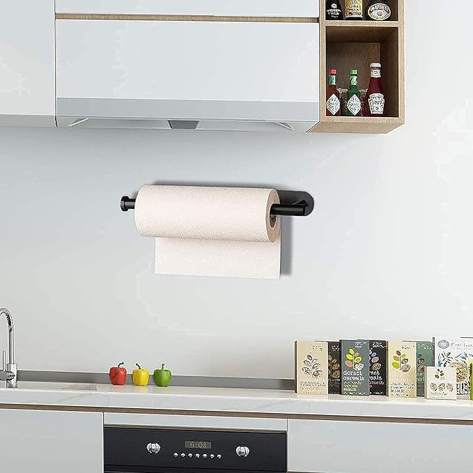 Paper Towel Holder Under Cabinet-Matt Black Self Adhesive Paper Towel Holder for Bathroom Countertop Organizer Horizontal or Vertical Wall Mounted for Kitchen Accessories