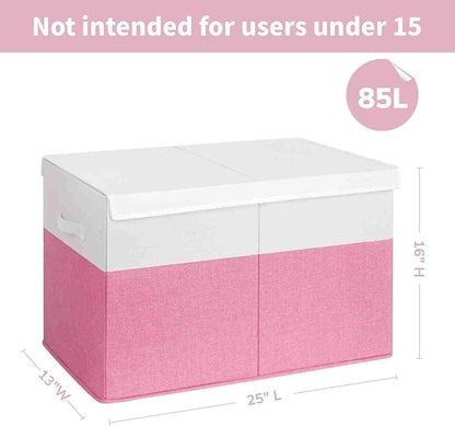 INDRESSME 25"x13"x16" Large Toy Storage Box with Lid, Collapsible Storage Organizer Baby Toy Storage for Kids Boys Girls, Toy Bin Organizer for Nursery, Bedroom, Living Room (Pink & White)