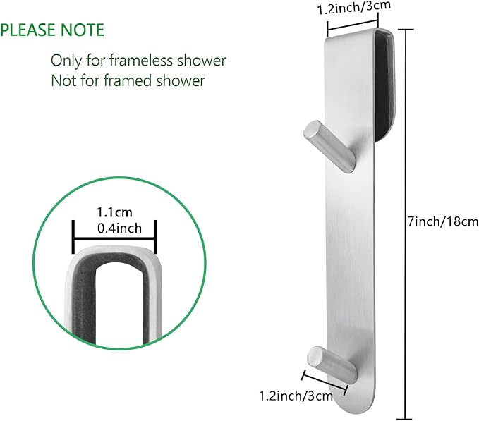 KITHOLD Shower Door Hook, Extended Length Frameless Shower Door Hook (7 Inches), Heavy-Duty Bathrobe Towel Stainless Steel Hook, No Drilling or Adhesive Required, 2-Pack, Silver
