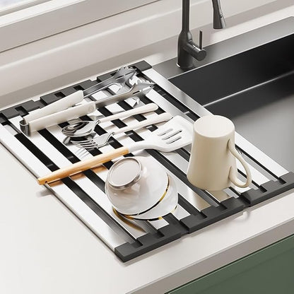 Roll Up Dish Drying Rack, Over Sink Stainless Steel Rack,Foldable Kitchen Sink Mat,Kitchen Sink Drain Rack Dish Storage Rack (17.72" H x 12.8" W)