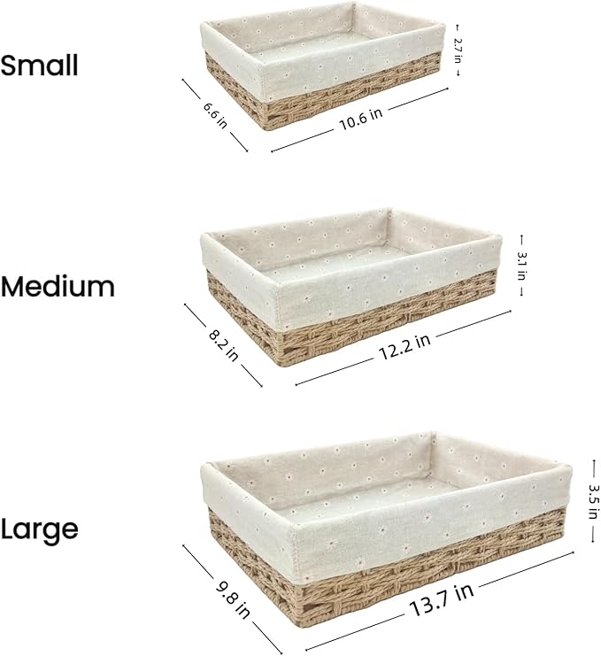CT SUN Woven Storage Baskets for Shelves, 3-Piece Shallow Paper Rope Bins with 2 Sets of Liners (Cream & Daisy Print), Wicker Style Trays for Pantry, Bathroom, Kitchen Counter, Bread & Nursery
