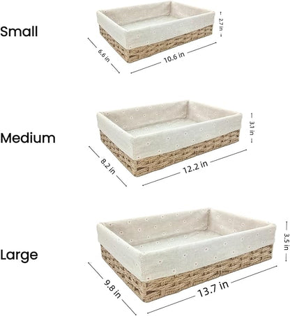 CT SUN Woven Storage Baskets for Shelves, 3-Piece Shallow Paper Rope Bins with 2 Sets of Liners (Cream & Daisy Print), Wicker Style Trays for Pantry, Bathroom, Kitchen Counter, Bread & Nursery