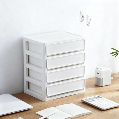 Desk Organizer with 4 Drawers, Plastic Desktop Storage Unit, Small Storage Bin Container for Countertop, Makeup, Stationery, Art Crafts, Home Office Bathroom, White