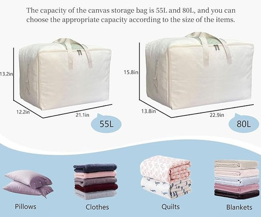 Soft Large Canvas Comforter Storage Bags with Four Carrying Handles and Clear Window, Closet Organizer for Clothing, Blankets Sheets Pillows and Bedding, 80L, 3 Pack, White