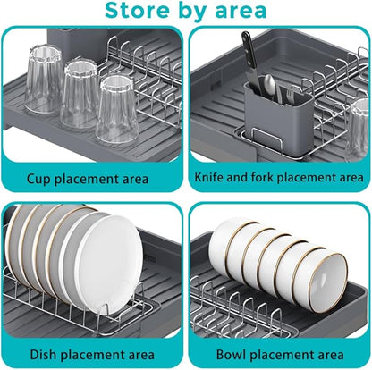 YOJIA Stainless Steel Dish Drying Rack, Extendable Dish Drainer Rack, Drainboard, Detachable Cup Shelf, Rustproof Multifunctional Organizer for Kitchen Counter, Cup Holders, Utensil Holder (10-White)