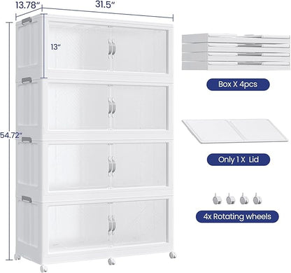 640QT Extra Large Stackable Storage Bins with Lid, 160Gal Plastic Closet Organizers and Storage Drawer, Collapsible Cabinet Box with Wheels Clear Doors for Home Kitchen Office, 4Pack White