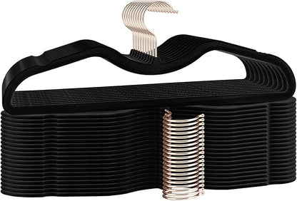 ZBODIMP Velvet Short Neck Hangers - Heavy-Duty, Non-Slip Felt Surface, Space-Saving Design with Anti-Slip Grooves & Shoulder Shape, 360° Rotating Hooks, Durable for Coats, Shirt& Dresses (30, Black C)