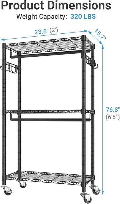 VIPEK R2 Mini Rolling Clothes Rack Heavy Duty Clothing Rack for Hanging Clothes Adjustable Portable Closet Metal Clothes Racks with Wheels Double Rods Side Hooks, Freestanding Garment Rack, Black