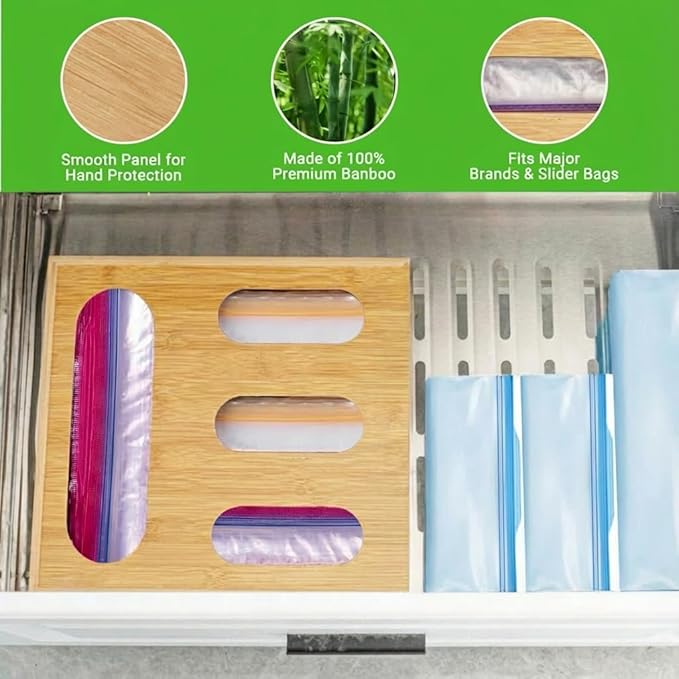 Ziplock Bag Organizer, Bamboo Storage Bag Holder Baggie Organizer for Drawer and Wall Mount, 4 Compartments for Gallon, Quart, Sandwich, Snack Size Bag (2)