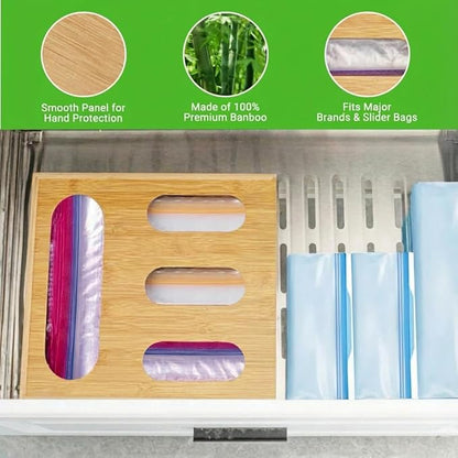 Ziplock Bag Organizer, Bamboo Storage Bag Holder Baggie Organizer for Drawer and Wall Mount, 4 Compartments for Gallon, Quart, Sandwich, Snack Size Bag (2)