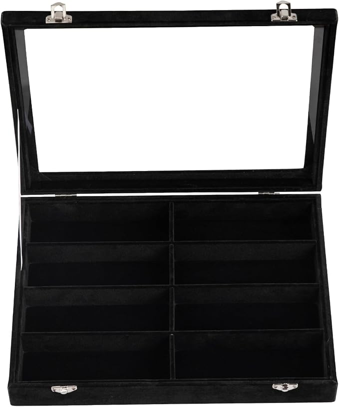 Frebeauty Sunglass Organizer,Velvet Glasses Organizer,8-Slot Sunglasses Tray with Clear Lid,Men's/Women's Sunglasses Box,Sunglass Case,13.3 x 9.6 x 2.2 Inches,Eyeglass/Eyewear Display Tray(Balck)